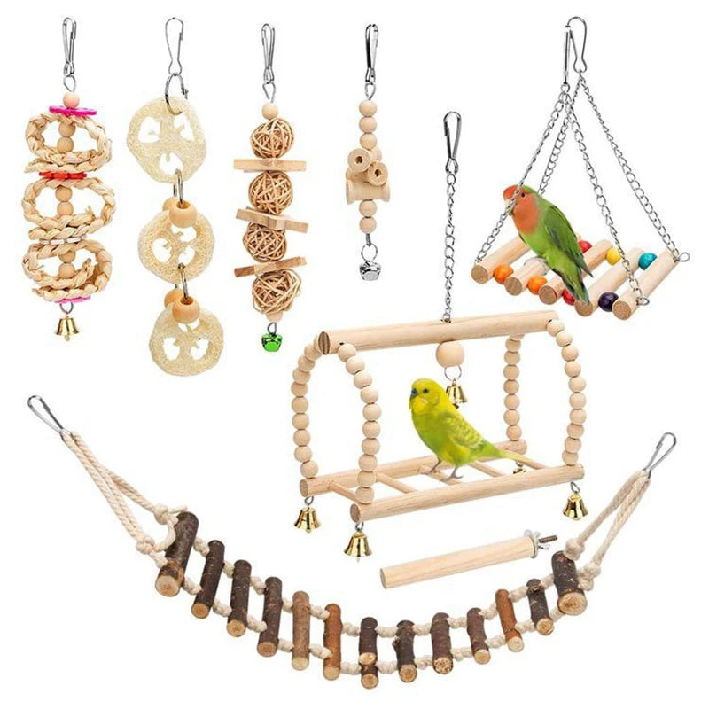 Houten papegaaienspeelgoed set – 8-delig trainingsspeelgoed, natuurlijk