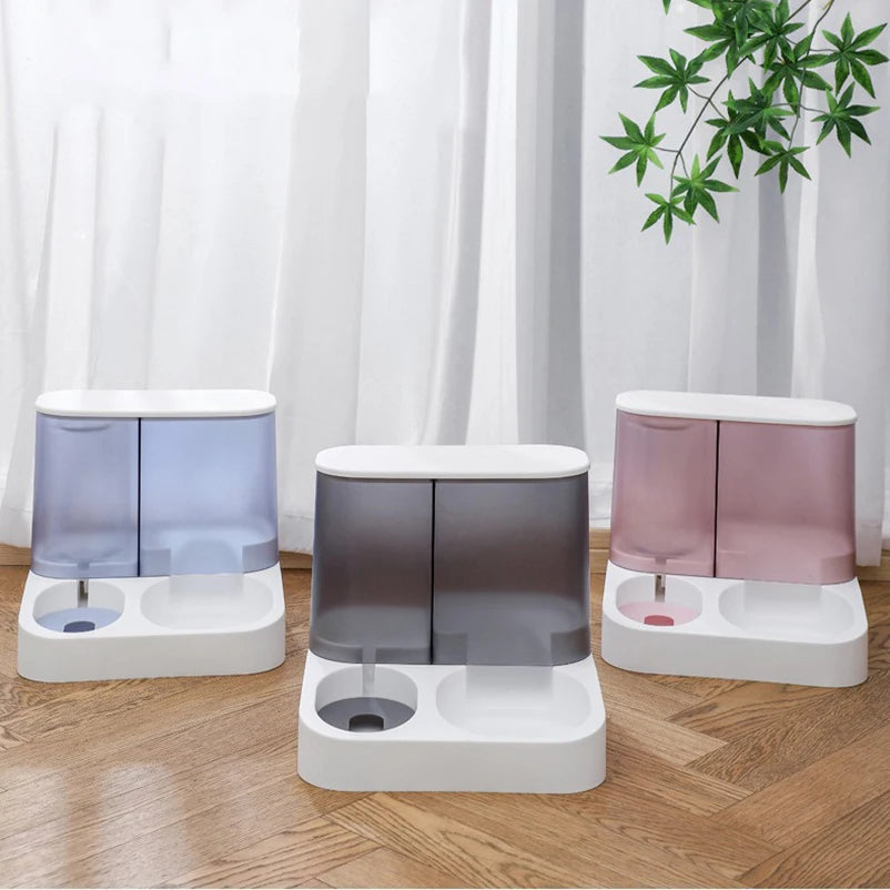 2-in-1 Voerbak en Waterdispenser – RVS & Kunststof, Roze / Blauw / Wit