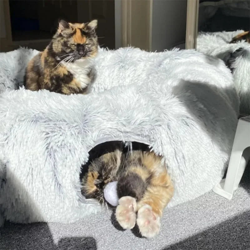 Donut Kattenbed met Tunnel – Zacht Pluche, Ø95cm – Grijs of Beige