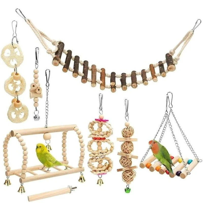 Houten papegaaienspeelgoed set – 8-delig trainingsspeelgoed, natuurlijk