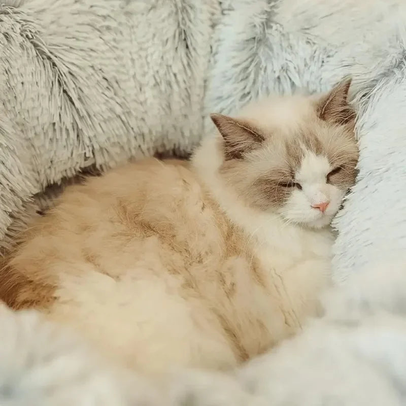 Donut Kattenbed met Tunnel – Zacht Pluche, Ø95cm – Grijs of Beige