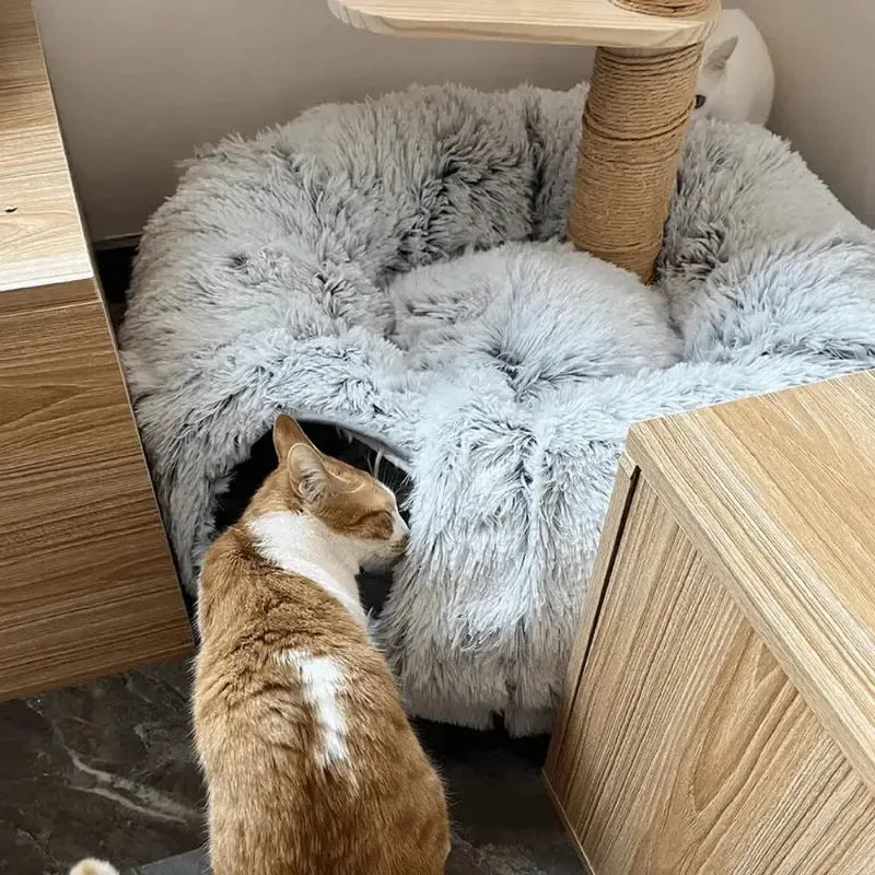 Donut Kattenbed met Tunnel – Zacht Pluche, Ø95cm – Grijs of Beige
