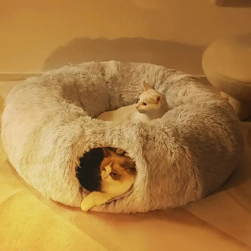 Donut Kattenbed met Tunnel – Zacht Pluche, Ø95cm – Grijs of Beige