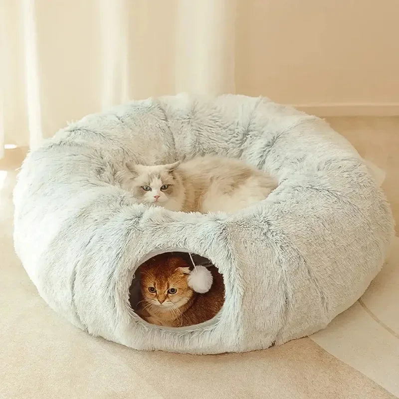 Donut Kattenbed met Tunnel – Zacht Pluche, Ø95cm – Grijs of Beige