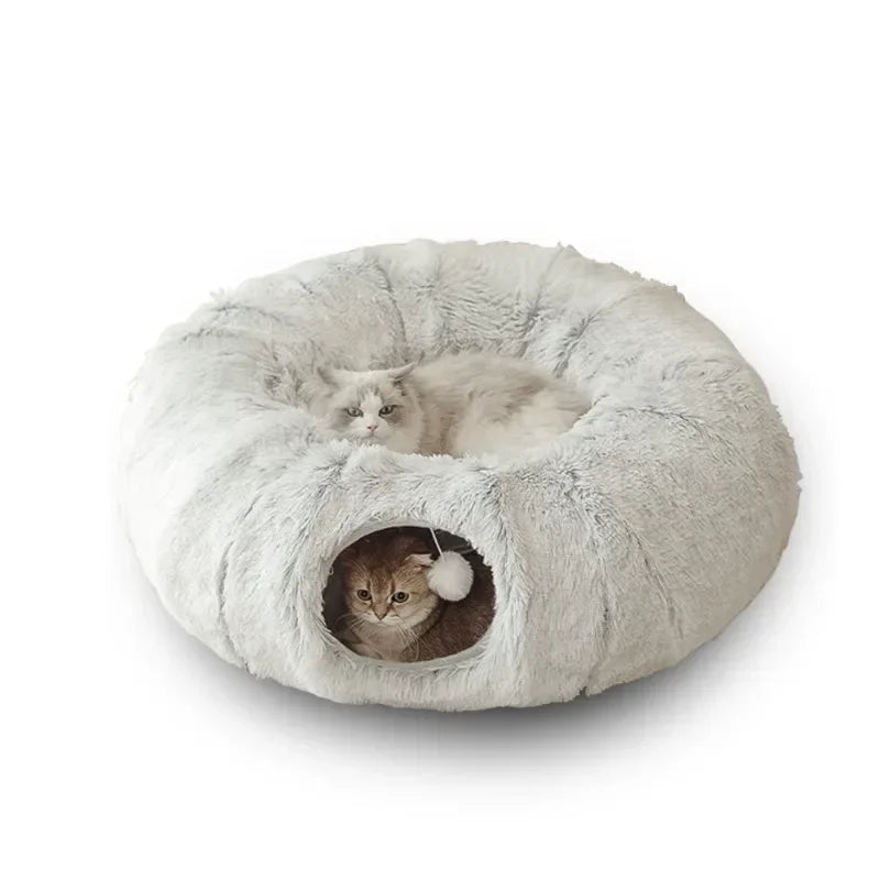Donut Kattenbed met Tunnel – Zacht Pluche, Ø95cm – Grijs of Beige