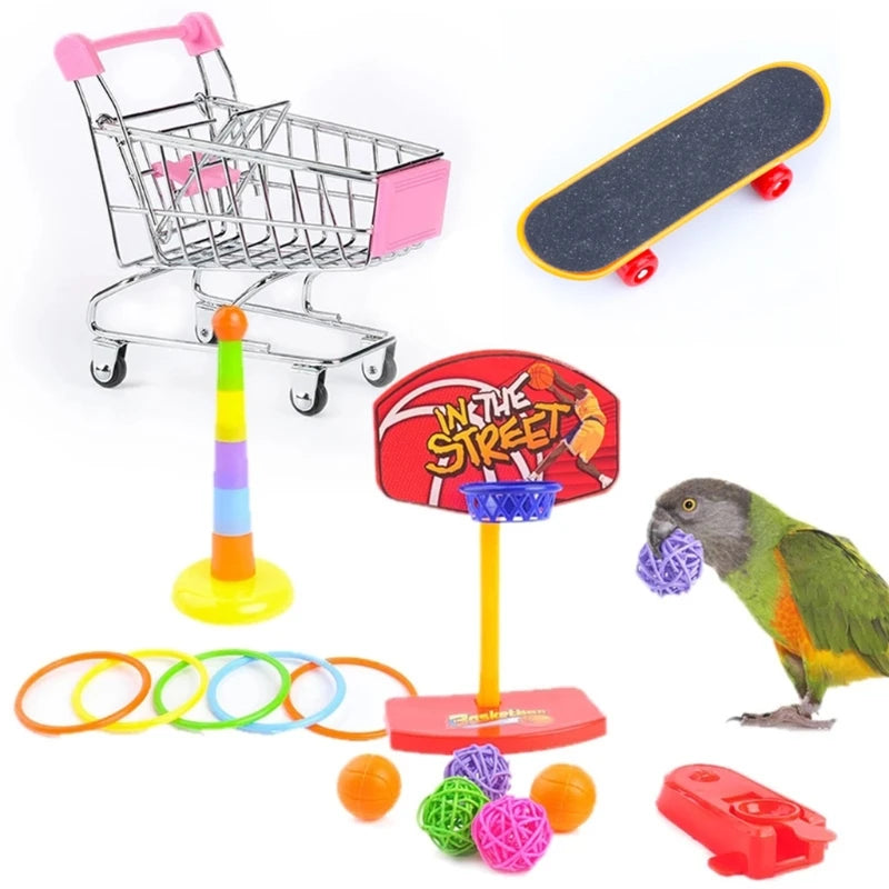 Papegaaienspeelgoed 4-in-1 set – kunststof, kleurrijk, klein formaat