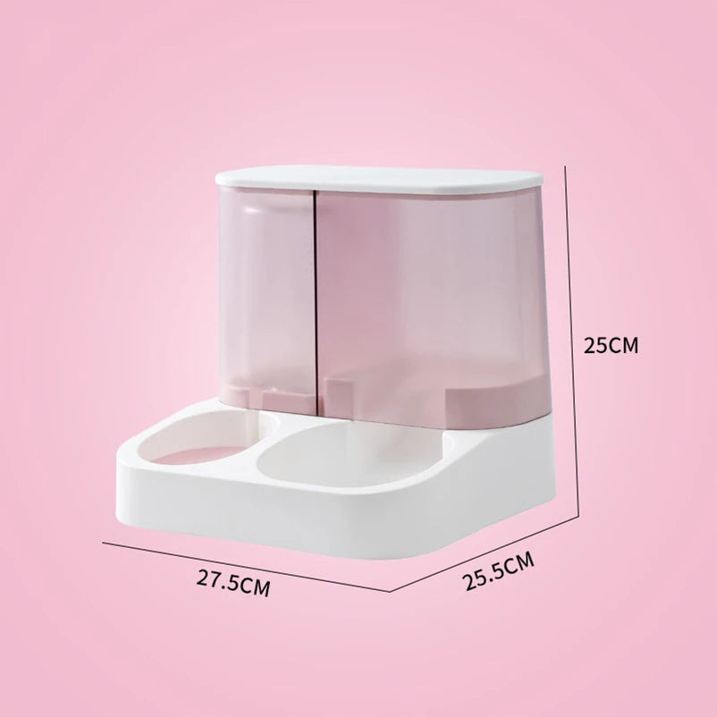 2-in-1 Voerbak en Waterdispenser – RVS & Kunststof, Roze / Blauw / Wit