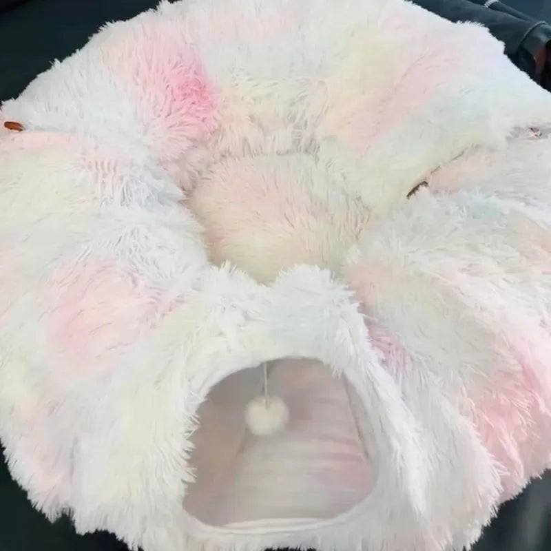 Donut Kattenbed met Tunnel – Zacht Pluche, Ø95cm – Grijs of Beige