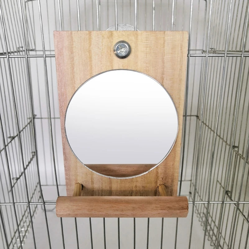 Papegaaien zitstok met spiegel – natuurlijk hout, 13cm kooispeeltje