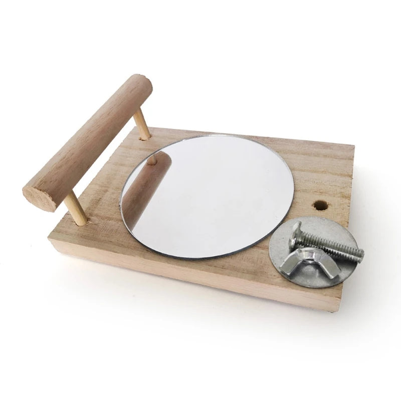 Papegaaien zitstok met spiegel – natuurlijk hout, 13cm kooispeeltje