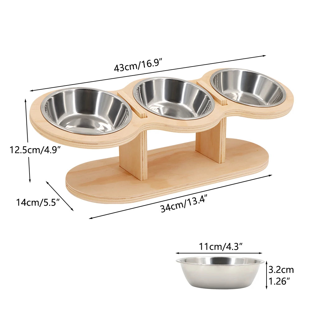 Verhoogde Kattenvoerbak 3-in-1 – Houten Stand met 3 Roestvrijstalen