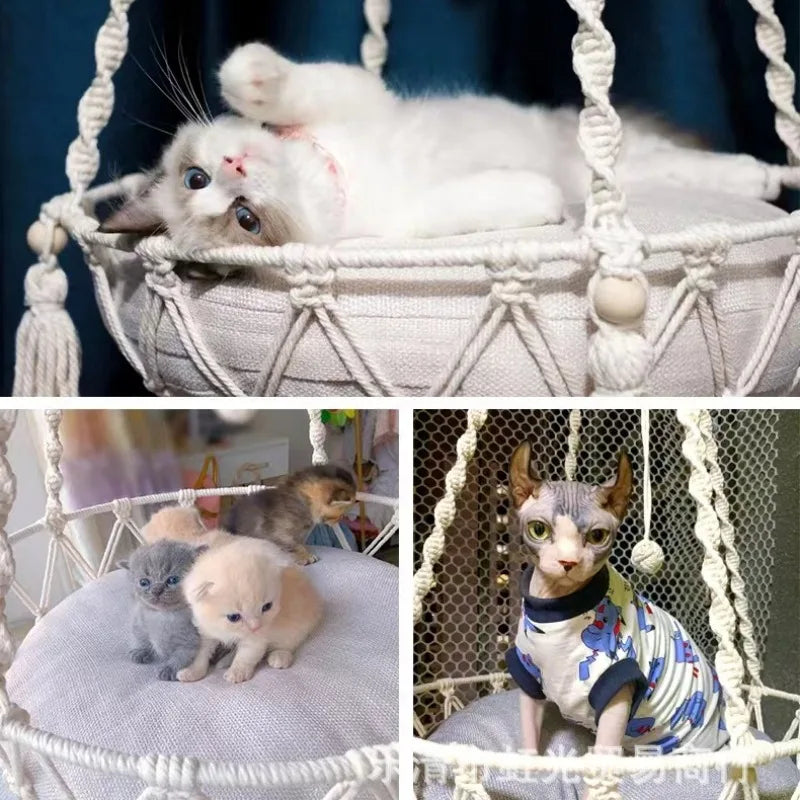 PolkaHome Kattenhangmat voor aan de muur, houten kattenplank met witte PolkaHome Kattenhangmat voor aan de muur, houten kattenplank met witte