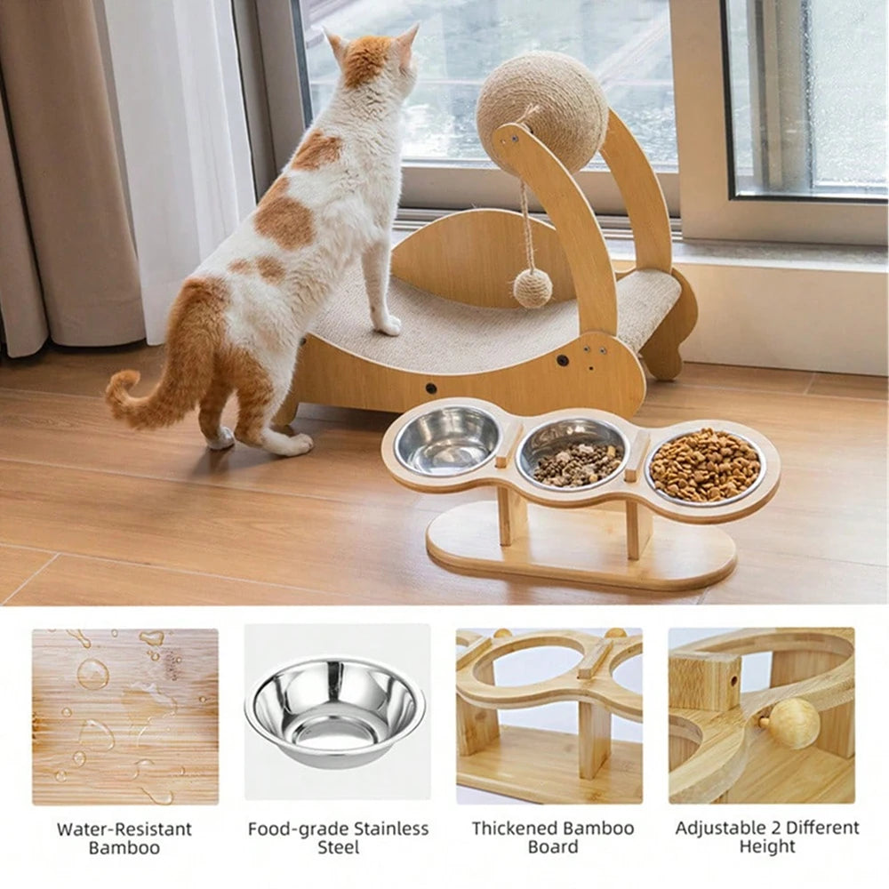 Verhoogde Kattenvoerbak 3-in-1 – Houten Stand met 3 Roestvrijstalen