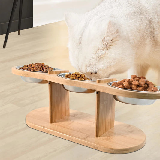 Verhoogde Kattenvoerbak 3-in-1 – Houten Stand met 3 Roestvrijstalen