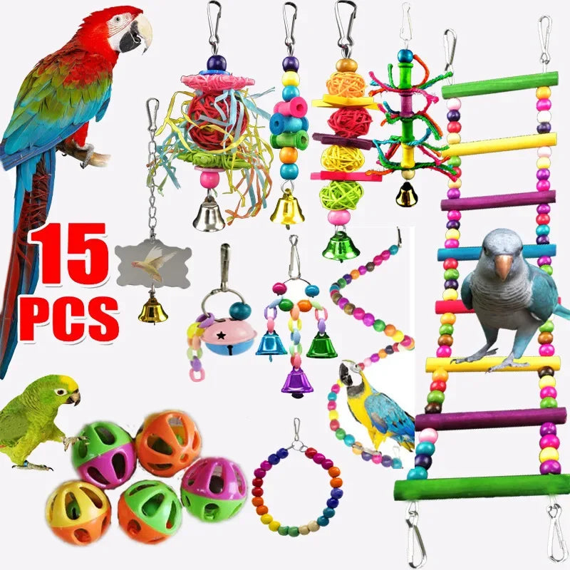 Vogelspeelgoed hangmat set hout 5/6/7-delig voor kleine papegaaien