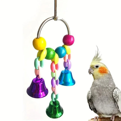 Vogelkooispeelgoed met bel – houten kralen en staal, hangend