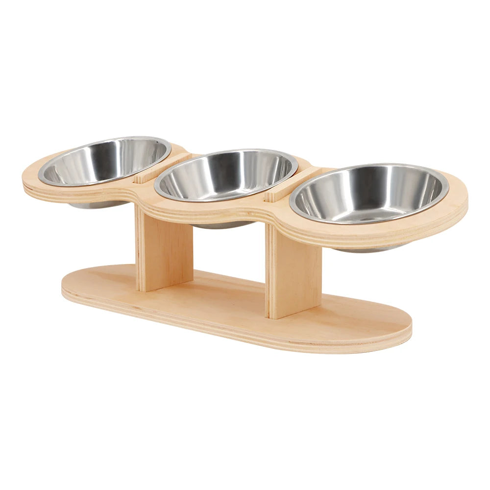 Verhoogde Kattenvoerbak 3-in-1 – Houten Stand met 3 Roestvrijstalen