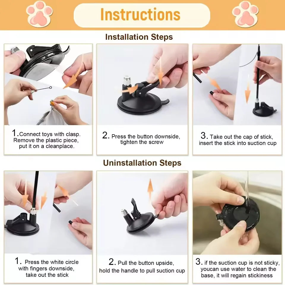 Kattenspeelgoed met Veren en Bel – 80cm Teaser Stok met Zuignap