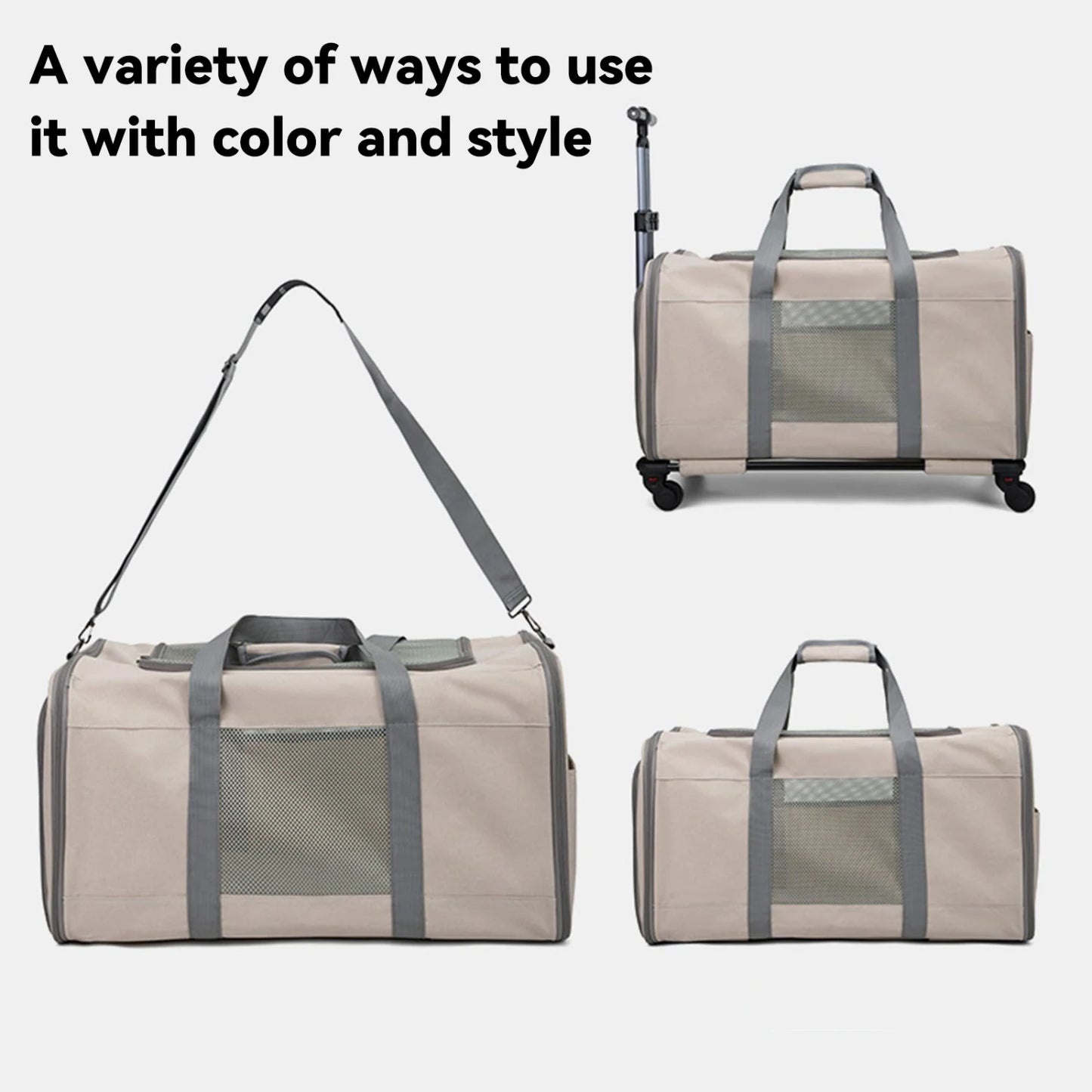 Huisdierentrolley Oxford Kaki 60x40x35 cm – Draagtas met Wielen voor Kat of Kleine Hond