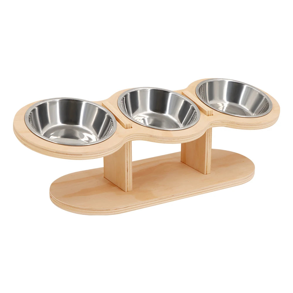 Verhoogde Kattenvoerbak 3-in-1 – Houten Stand met 3 Roestvrijstalen