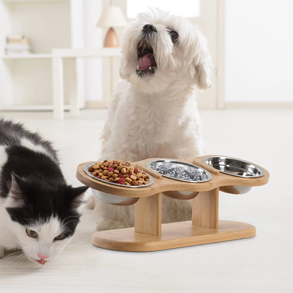 Verhoogde Kattenvoerbak 3-in-1 – Houten Stand met 3 Roestvrijstalen