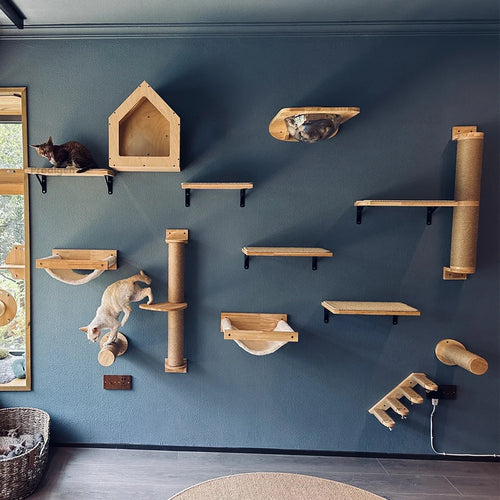 Wandmontage Kattenklimrek Hout – met Krabgedeelte & Nest