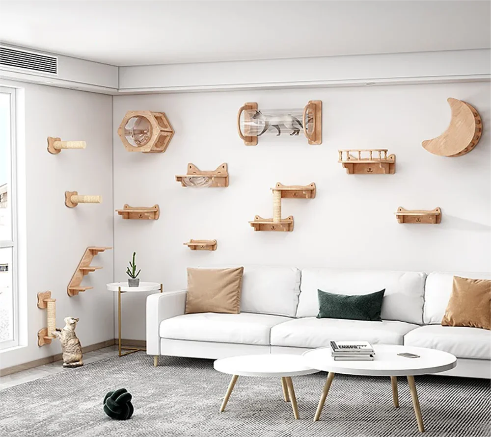 Wandmontage Kattenklimrek Hout – met Krabgedeelte & Nest