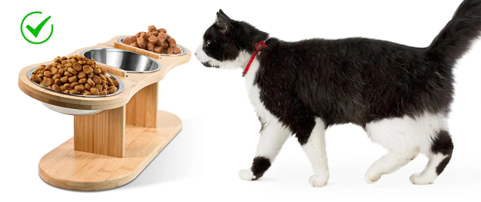 Verhoogde Kattenvoerbak 3-in-1 – Houten Stand met 3 Roestvrijstalen