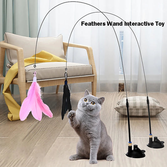 Kattenspeelgoed met Veren en Bel – 80cm Teaser Stok met Zuignap