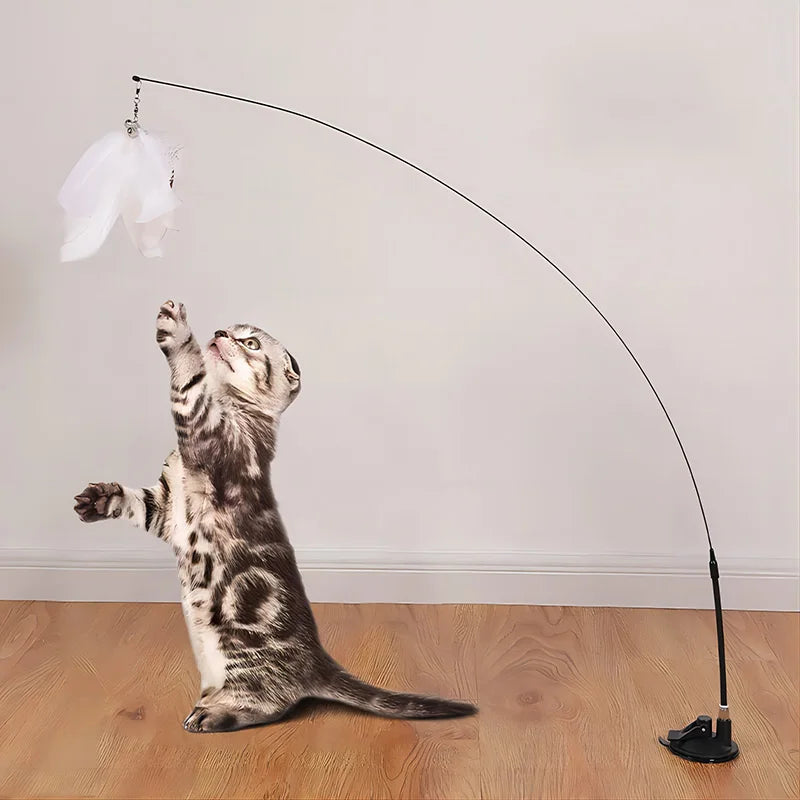Kattenspeelgoed met Veren en Bel – 80cm Teaser Stok met Zuignap